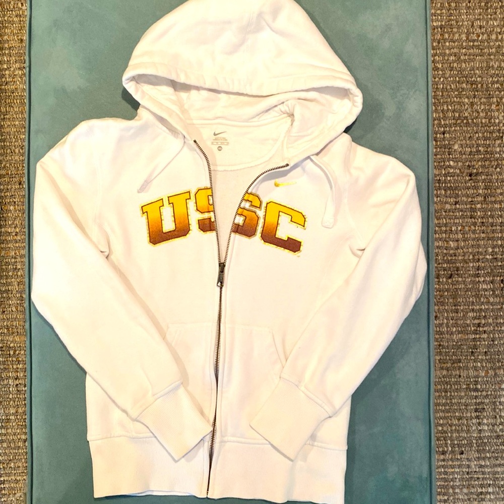 XS Nike Women's USC Trojans White Full-Zip Hoodie with front pockets.